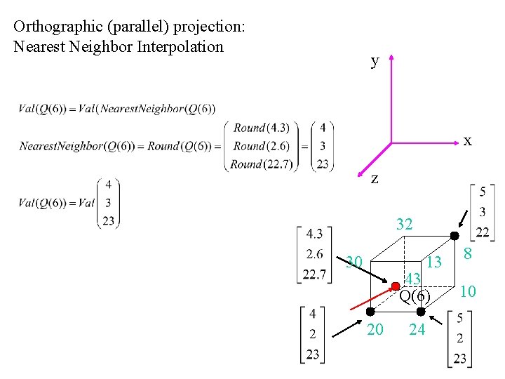 Orthographic (parallel) projection: Nearest Neighbor Interpolation y x z 32 30 13 43 Q(6)
