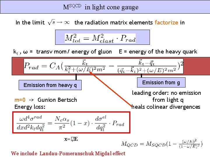 MSQCD in light cone gauge In the limit the radiation matrix elements factorize in