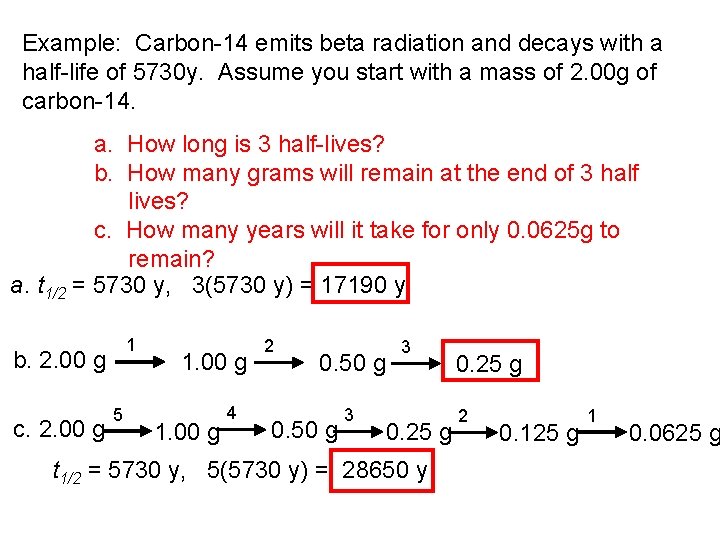 Example: Carbon-14 emits beta radiation and decays with a half-life of 5730 y. Assume