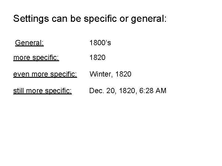 Settings can be specific or general: General: 1800’s more specific: 1820 even more specific: