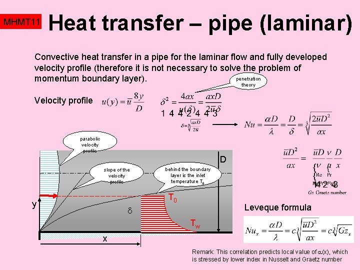 MHMT 11 Heat transfer – pipe (laminar) Convective heat transfer in a pipe for MHMT 11 Heat transfer – pipe (laminar) Convective heat transfer in a pipe for