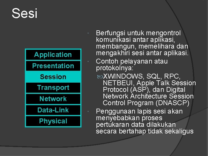 Sesi Berfungsi untuk mengontrol komunikasi antar aplikasi, membangun, memelihara dan mengakhiri sesi antar aplikasi. Sesi Berfungsi untuk mengontrol komunikasi antar aplikasi, membangun, memelihara dan mengakhiri sesi antar aplikasi.