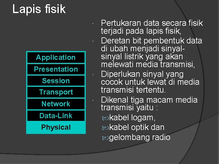 Lapis fisik Pertukaran data secara fisik terjadi pada lapis fisik, Deretan bit pembentuk data