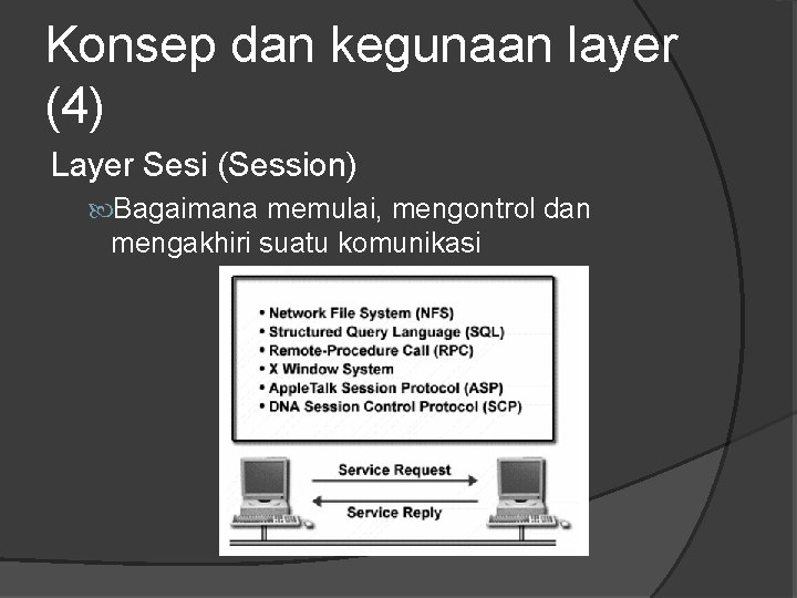 Konsep dan kegunaan layer (4) Layer Sesi (Session) Bagaimana memulai, mengontrol dan mengakhiri suatu