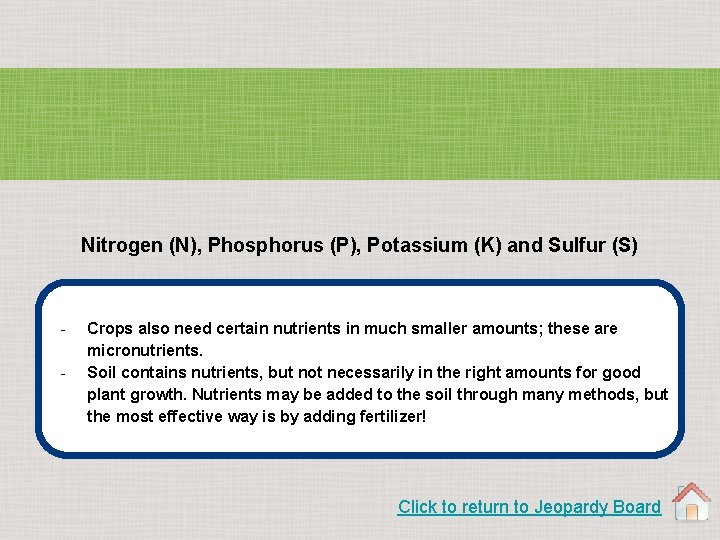 Nitrogen (N), Phosphorus (P), Potassium (K) and Sulfur (S) - Crops also need certain