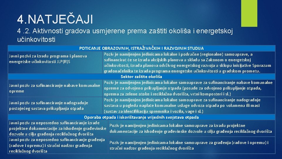 4. NATJEČAJI 4. 2. Aktivnosti gradova usmjerene prema zaštiti okoliša i energetskoj učinkovitosti POTICANJE