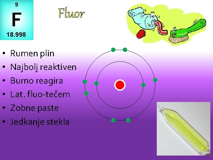 Fluor • • • Rumen plin Najbolj reaktiven Burno reagira Lat. fluo-tečem Zobne paste