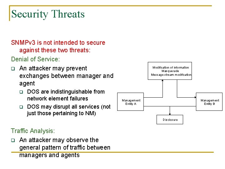 Security Threats SNMPv 3 is not intended to secure against these two threats: Denial