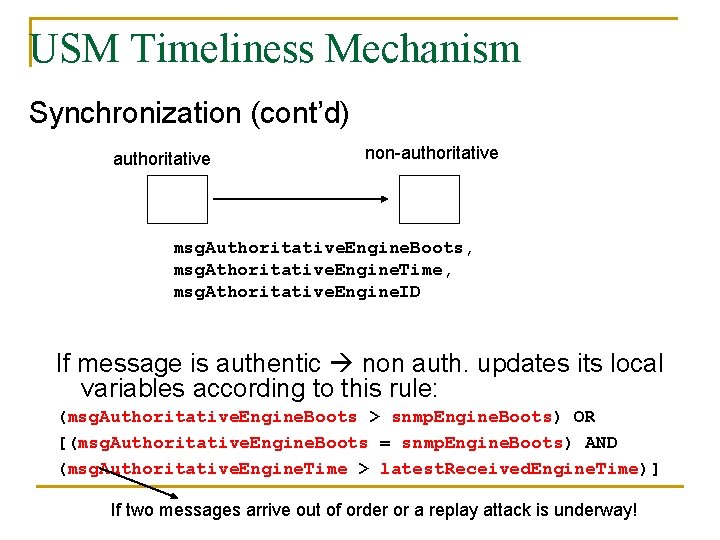 USM Timeliness Mechanism Synchronization (cont’d) authoritative non-authoritative msg. Authoritative. Engine. Boots, msg. Athoritative. Engine.