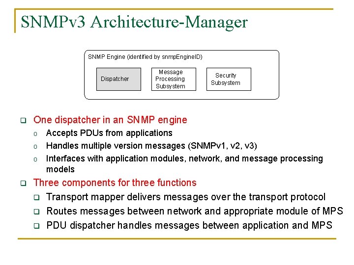 SNMPv 3 Architecture-Manager SNMP Engine (identified by snmp. Engine. ID) Dispatcher q Security Subsystem