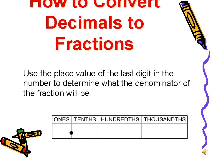 How to Convert Decimals to Fractions Use the place value of the last digit