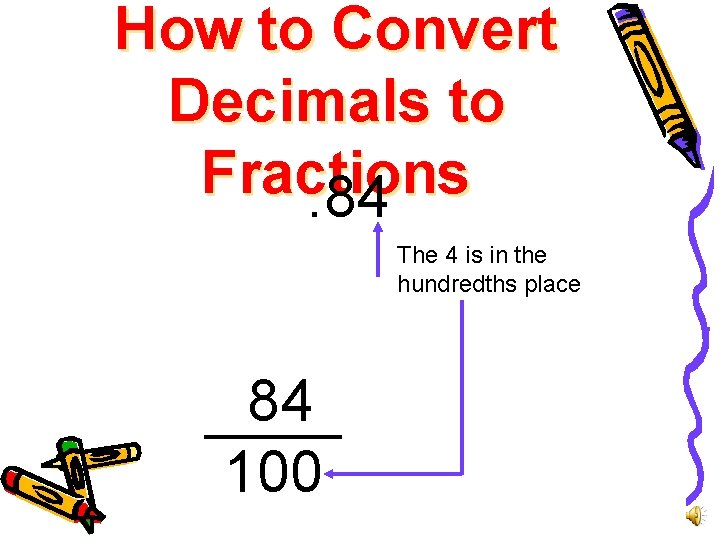 How to Convert Decimals to Fractions. 84 The 4 is in the hundredths place
