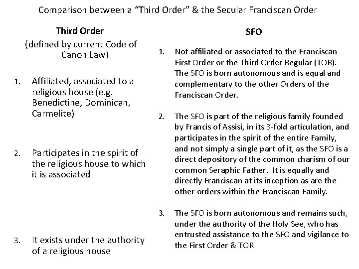 Comparison between a “Third Order” & the Secular Franciscan Order 1. 2. 3. Third