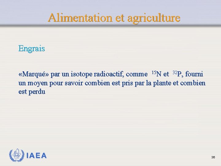 Alimentation et agriculture Engrais «Marqué» par un isotope radioactif, comme 15 N et 32