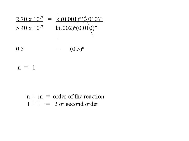 2. 70 x 10 -7 = k (0. 001)n(0. 010)m 5. 40 x 10