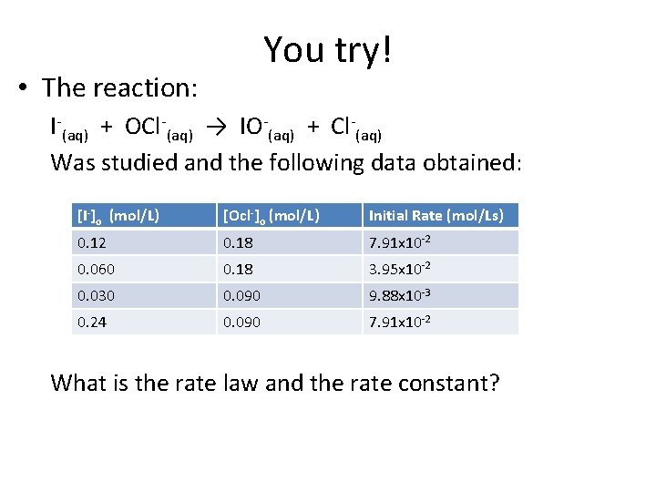 You try! • The reaction: I-(aq) + OCl-(aq) → IO-(aq) + Cl-(aq) Was studied