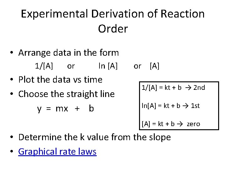 Experimental Derivation of Reaction Order • Arrange data in the form 1/[A] or ln