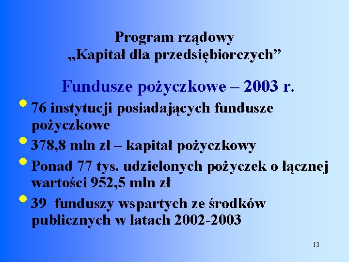 Program rządowy „Kapitał dla przedsiębiorczych” Fundusze pożyczkowe – 2003 r. • 76 instytucji posiadających