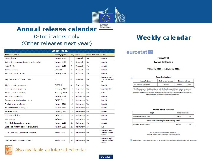 Annual release calendar €-Indicators only (Other releases next year) Weekly calendar Also available as