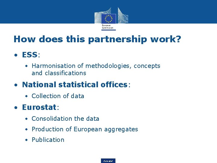 How does this partnership work? • ESS: • Harmonisation of methodologies, concepts and classifications