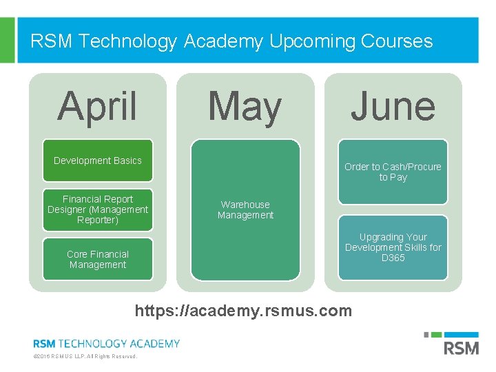 RSM Technology Academy Upcoming Courses April May Development Basics Financial Report Designer (Management Reporter)