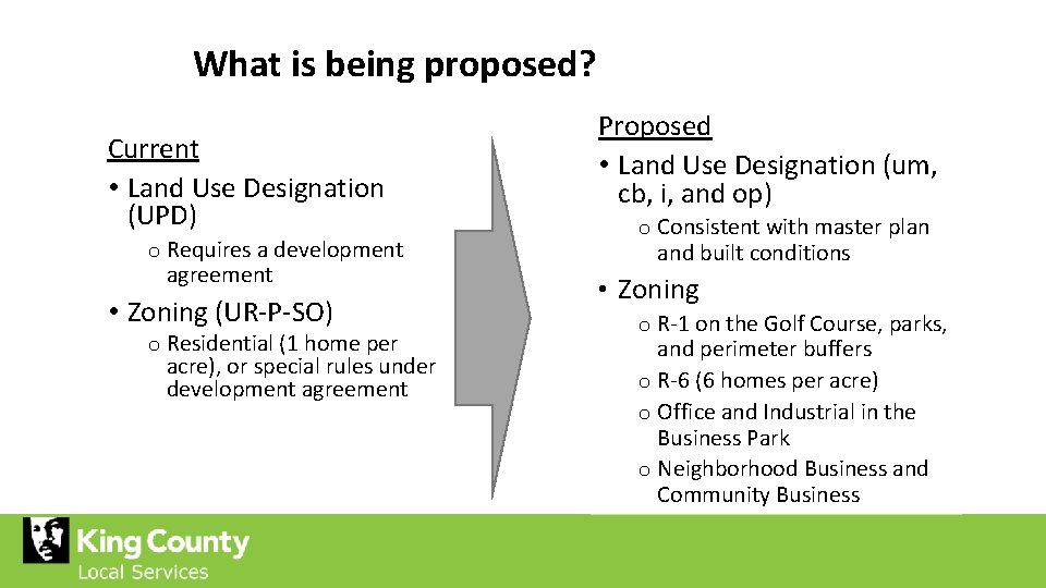 What is being proposed? Current • Land Use Designation (UPD) o Requires a development