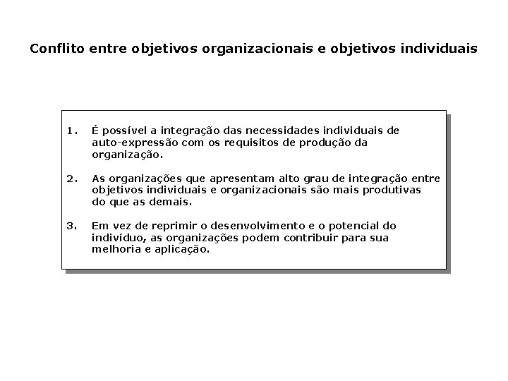 Conflito entre objetivos organizacionais e objetivos individuais 1. É possível a integração das necessidades