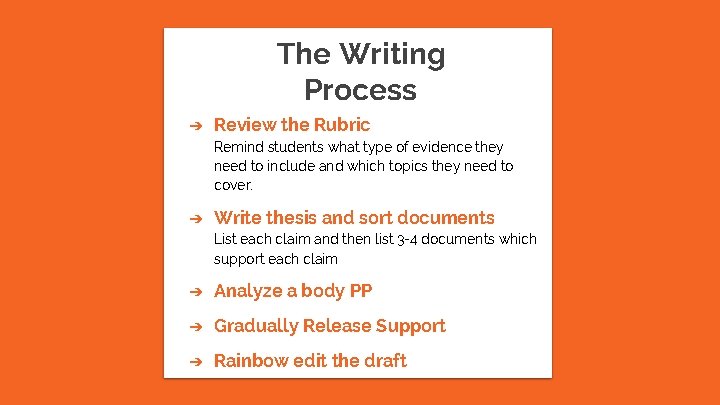 The Writing Process ➔ Review the Rubric Remind students what type of evidence they