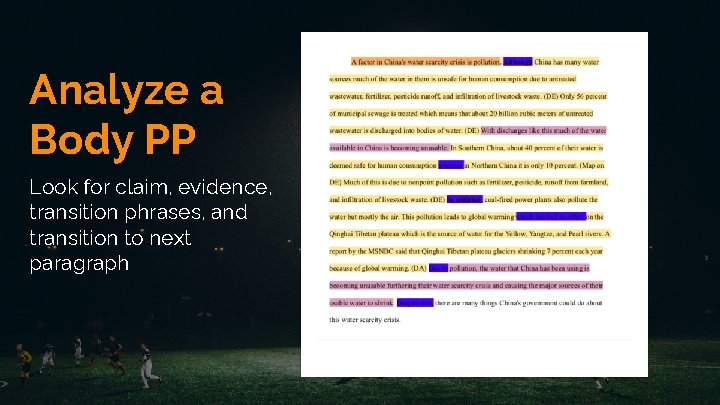 Analyze a Body PP Look for claim, evidence, transition phrases, and transition to next