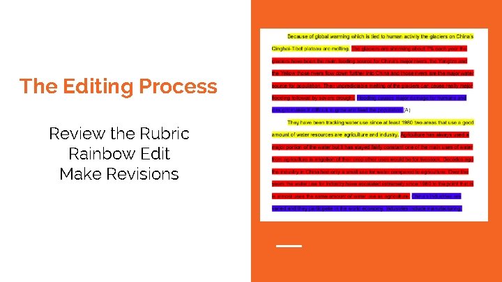 The Editing Process Review the Rubric Rainbow Edit Make Revisions 