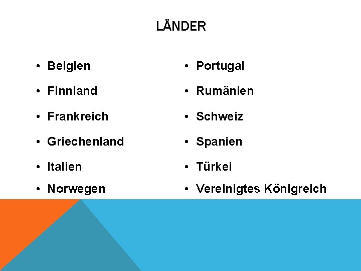 LÄNDER • Belgien • Portugal • Finnland • Rumänien • Frankreich • Schweiz •