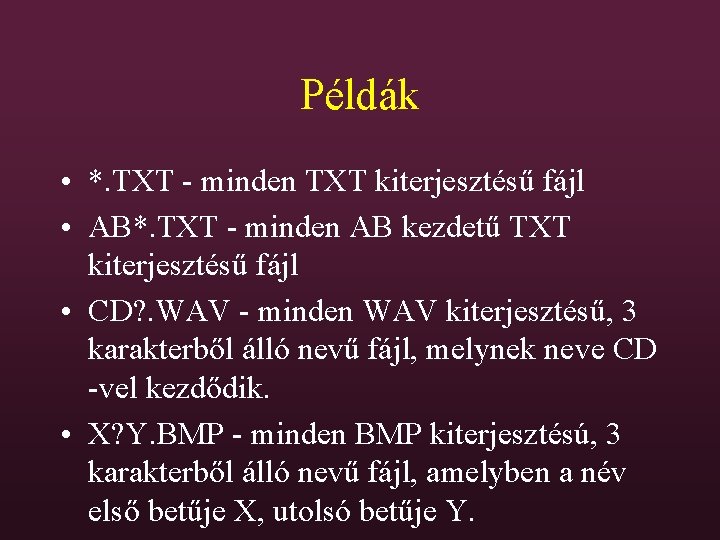 Példák • *. TXT - minden TXT kiterjesztésű fájl • AB*. TXT - minden