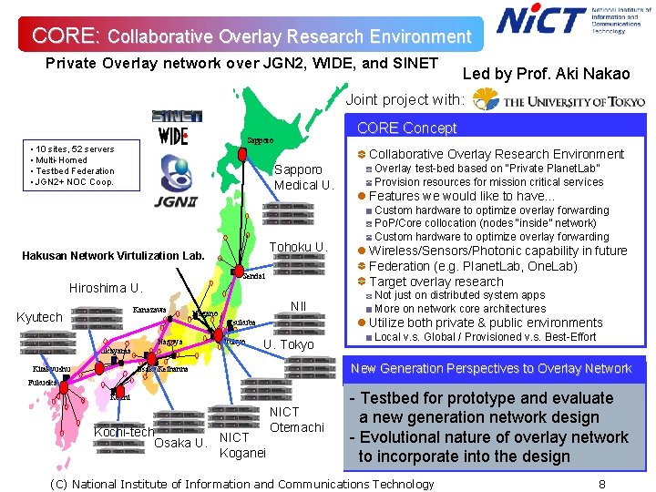 CORE: Collaborative Overlay Research Environment Private Overlay network over JGN 2, WIDE, and SINET