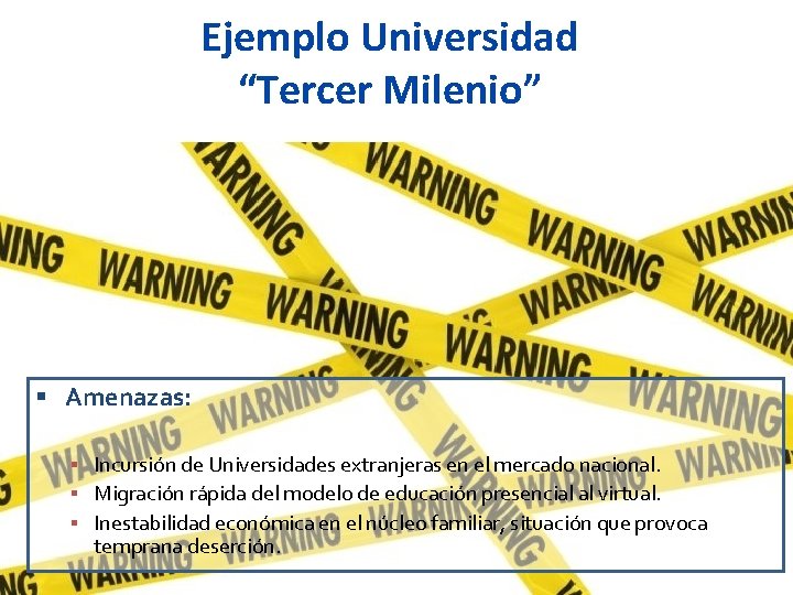 Ejemplo Universidad “Tercer Milenio” Amenazas: Incursión de Universidades extranjeras en el mercado nacional. Migración