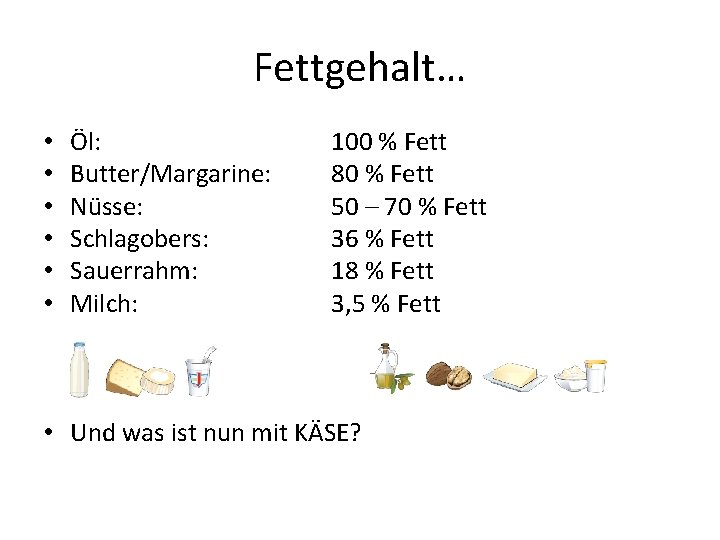 Fettgehalt… • • • Öl: Butter/Margarine: Nüsse: Schlagobers: Sauerrahm: Milch: 100 % Fett 80