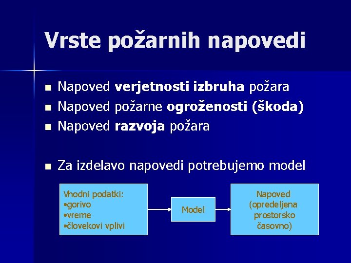 Vrste požarnih napovedi n Napoved verjetnosti izbruha požara Napoved požarne ogroženosti (škoda) Napoved razvoja
