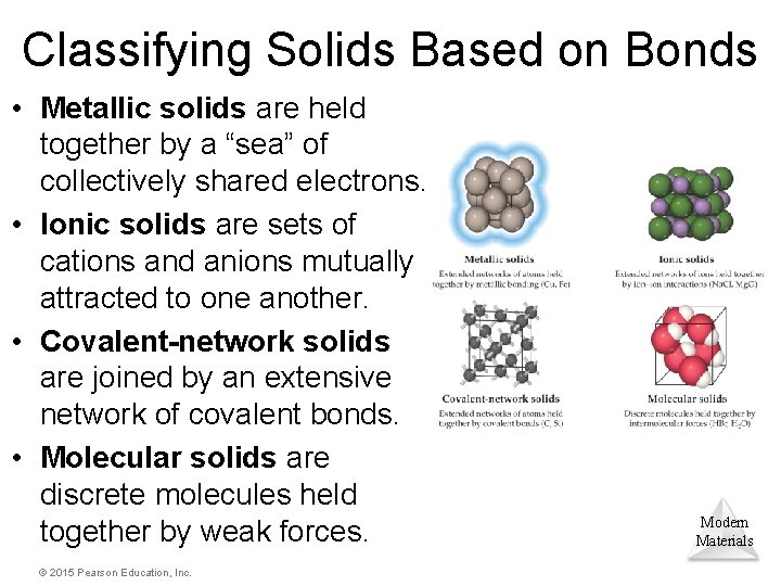 Classifying Solids Based on Bonds • Metallic solids are held together by a “sea”