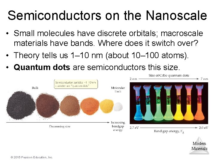 Semiconductors on the Nanoscale • Small molecules have discrete orbitals; macroscale materials have bands.