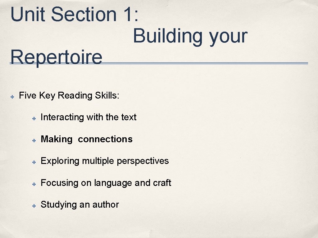 Unit Section 1: Building your Repertoire ✤ Five Key Reading Skills: ✤ Interacting with
