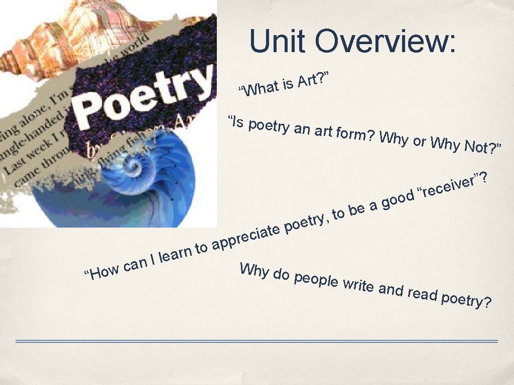 Unit Overview: ” ? t r A s i What “ “Is poetry a