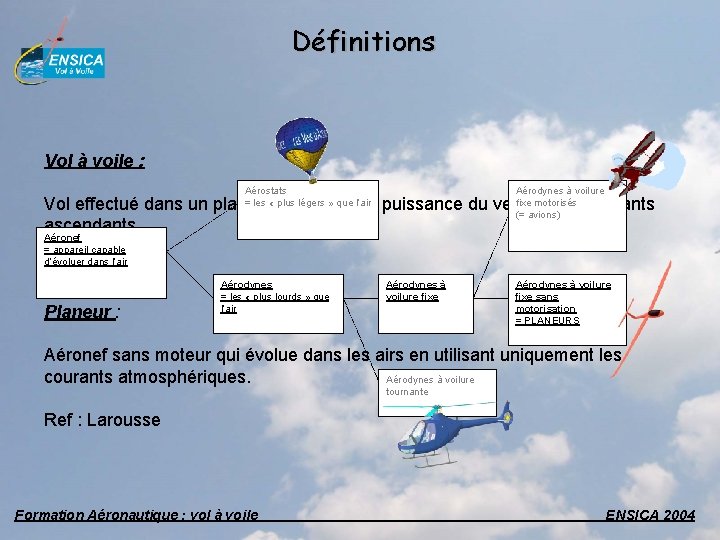 Définitions Vol à voile : Aérostats = les « plus légers » que l’air