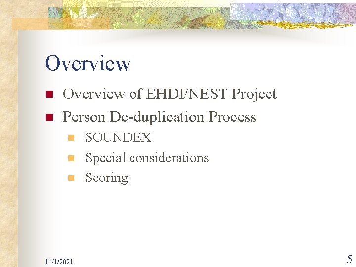 Overview n n Overview of EHDI/NEST Project Person De-duplication Process n n n 11/1/2021