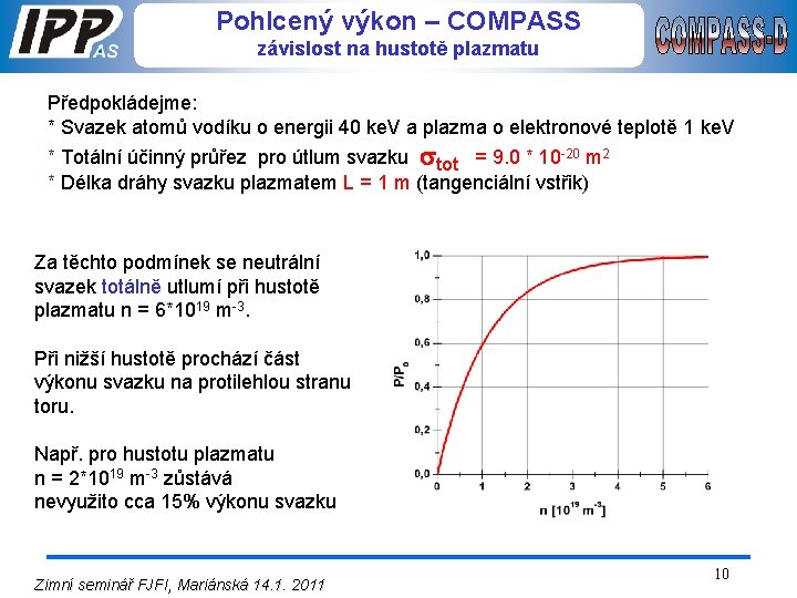 Pohlcený výkon – COMPASS závislost na hustotě plazmatu Předpokládejme: * Svazek atomů vodíku o