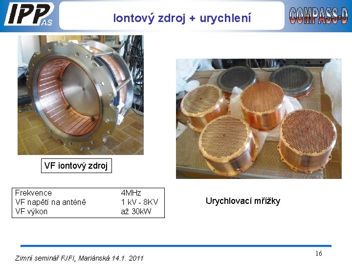 Iontový zdroj + urychlení VF iontový zdroj Frekvence VF napětí na anténě VF výkon