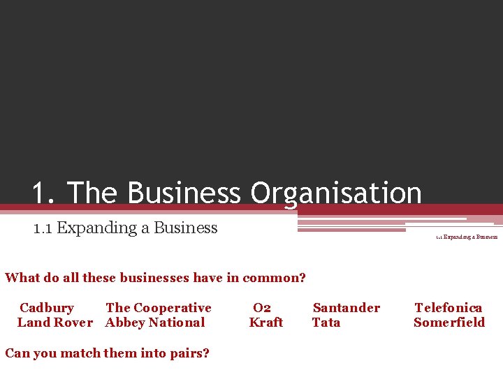 1. The Business Organisation 1. 1 Expanding a Business What do all these businesses
