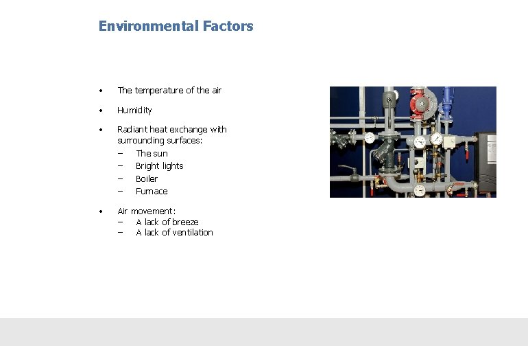 Environmental Factors • The temperature of the air • Humidity • Radiant heat exchange