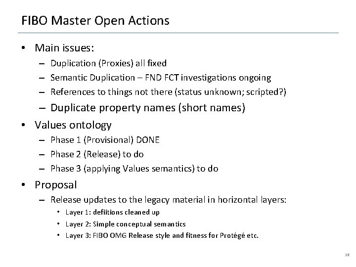 FIBO Master Open Actions • Main issues: – Duplication (Proxies) all fixed – Semantic
