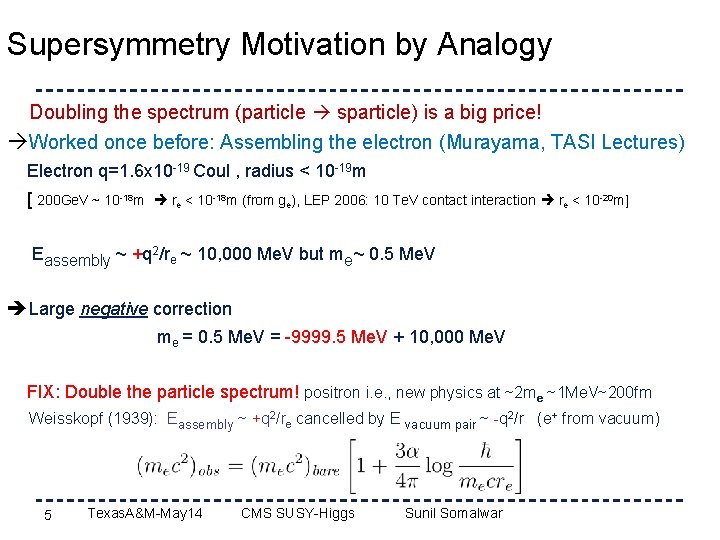 Supersymmetry Motivation by Analogy Doubling the spectrum (particle sparticle) is a big price! Worked