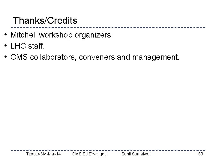 Thanks/Credits • Mitchell workshop organizers • LHC staff. • CMS collaborators, conveners and management.