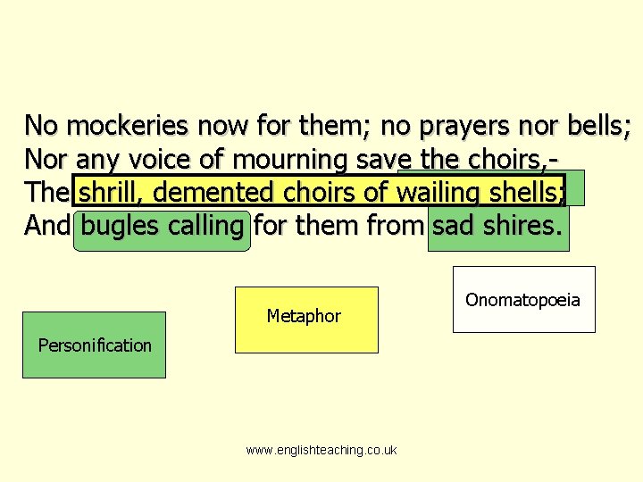 No mockeries now for them; no prayers nor bells; Nor any voice of mourning